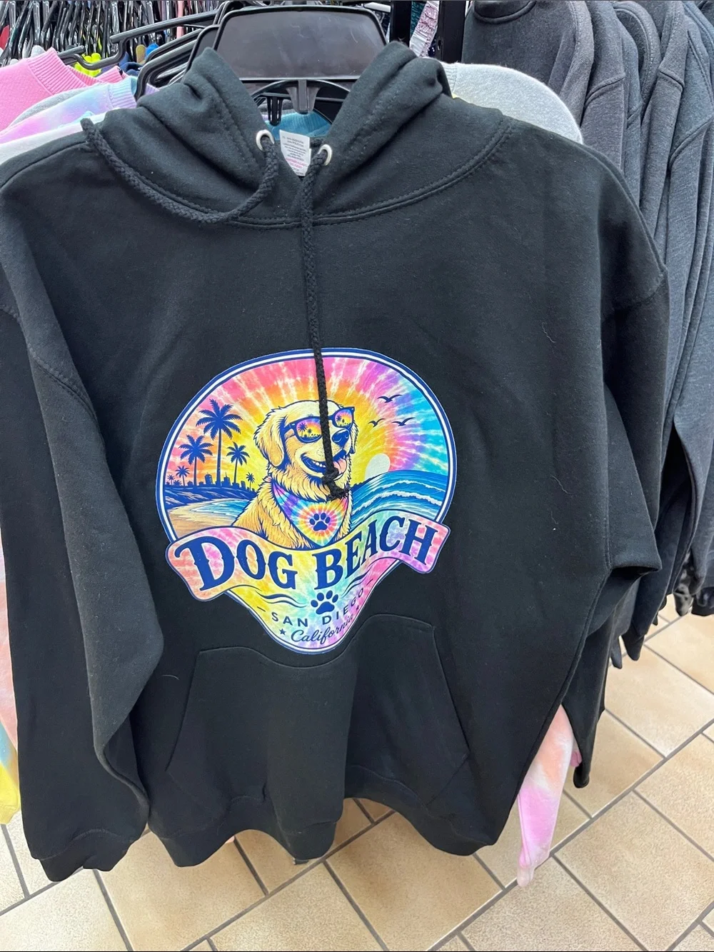 Black Hoodie with Colorful Dog Beach Graphic tie-Dye